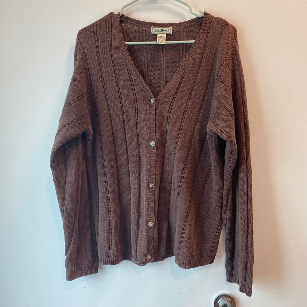 L.L. Bean Cardigan Womens Medium Brown Linen Cotton Ribbed Knit V-Neck Sweater